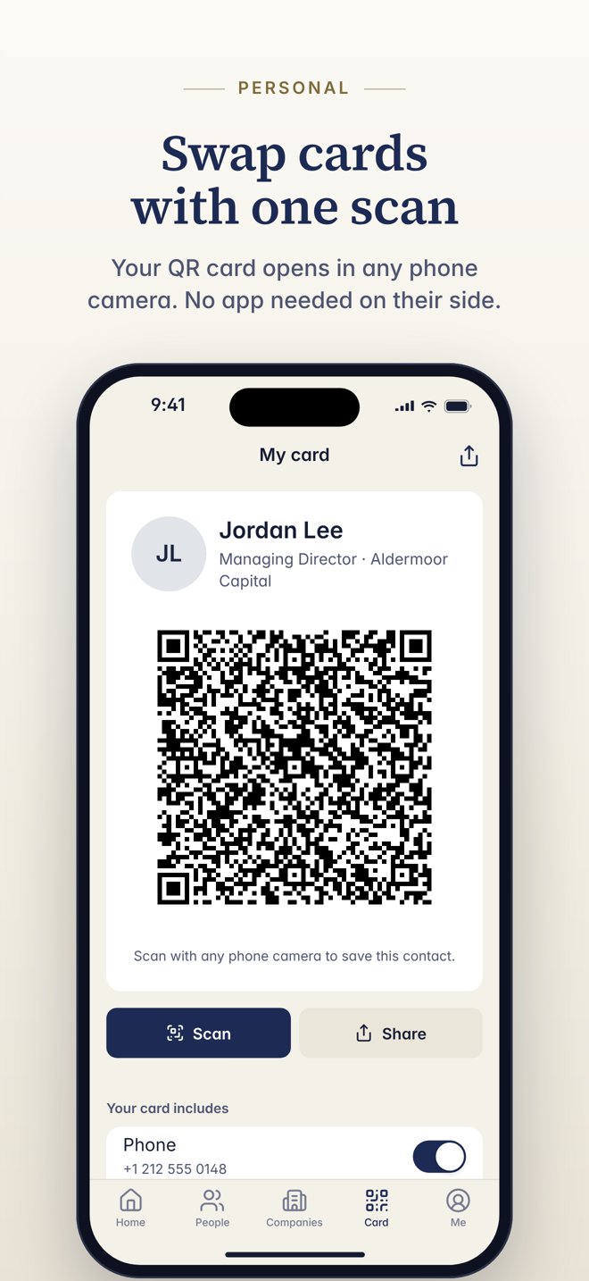 Nexus Orbis QR contact card with fictional details.